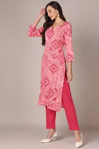 women pink rayon blend geometric printed straight kurta trouser with dupatta