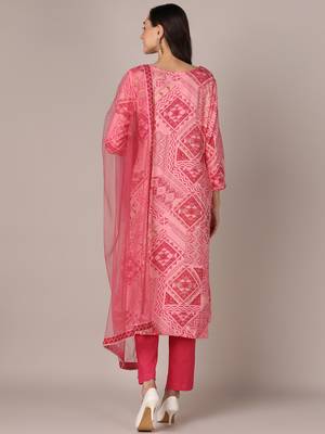 women pink rayon blend geometric printed straight kurta trouser with dupatta 4