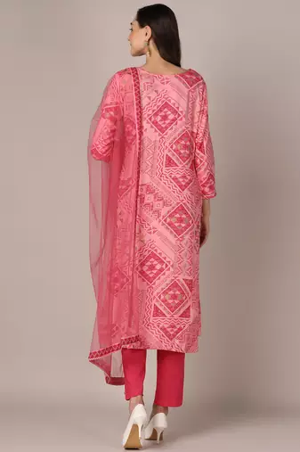 women pink rayon blend geometric printed straight kurta trouser with dupatta