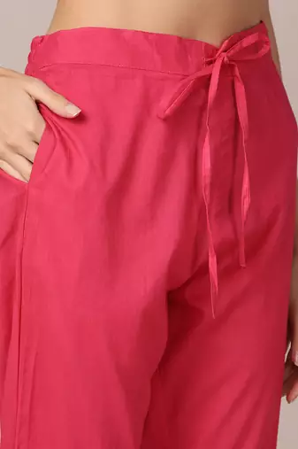 women pink rayon blend geometric printed straight kurta trouser with dupatta