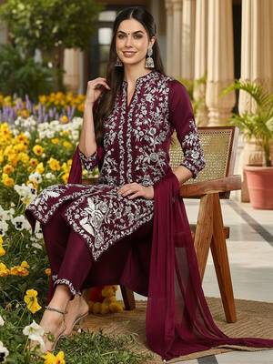 women purple silk blend solid embroidered straight kurta trouser with dupatta 1
