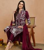 women purple silk blend solid embroidered straight kurta trouser with dupatta