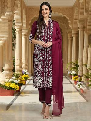 women purple silk blend solid embroidered straight kurta trouser with dupatta 2