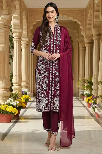women purple silk blend solid embroidered straight kurta trouser with dupatta