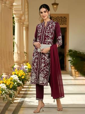 women purple silk blend solid embroidered straight kurta trouser with dupatta 3