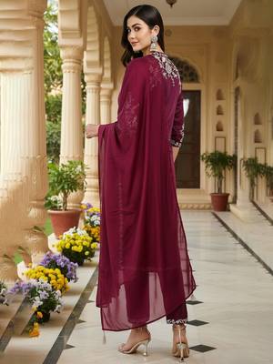 women purple silk blend solid embroidered straight kurta trouser with dupatta 4