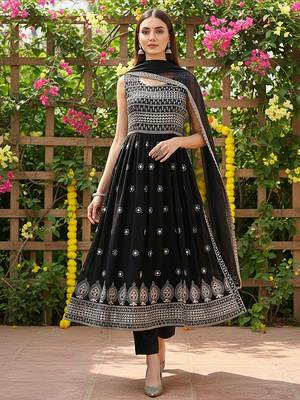 women black poly georgette solid embroidered a-line kurta trouser with dupatta 1