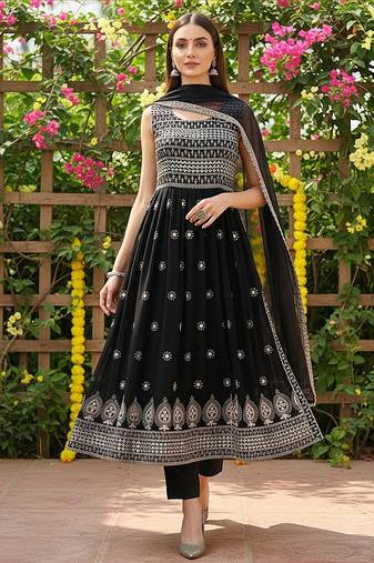 women black poly georgette solid embroidered a-line kurta trouser with dupatta