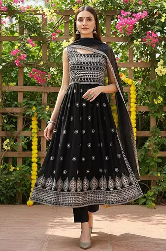 women black poly georgette solid embroidered a-line kurta trouser with dupatta