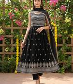 women black poly georgette solid embroidered a-line kurta trouser with dupatta