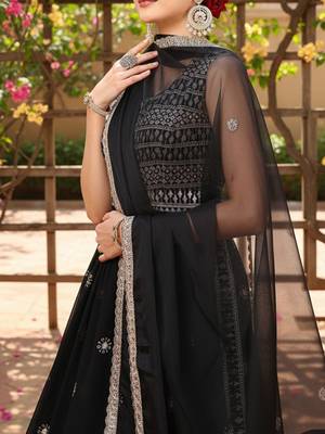women black poly georgette solid embroidered a-line kurta trouser with dupatta 2