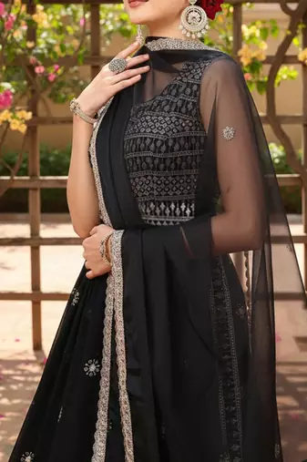 women black poly georgette solid embroidered a-line kurta trouser with dupatta