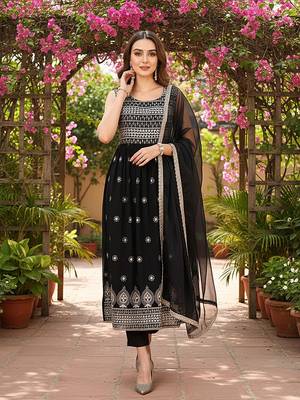 women black poly georgette solid embroidered a-line kurta trouser with dupatta 3