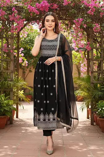 women black poly georgette solid embroidered a-line kurta trouser with dupatta