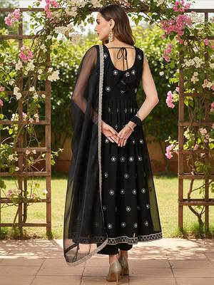 women black poly georgette solid embroidered a-line kurta trouser with dupatta 4