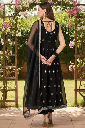 women black poly georgette solid embroidered a-line kurta trouser with dupatta