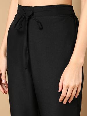women black poly georgette solid embroidered a-line kurta trouser with dupatta 5