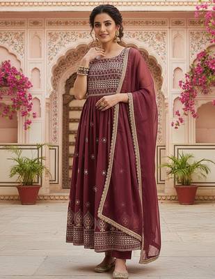 women brown poly georgette solid embroidered a-line kurta trouser with dupatta 1