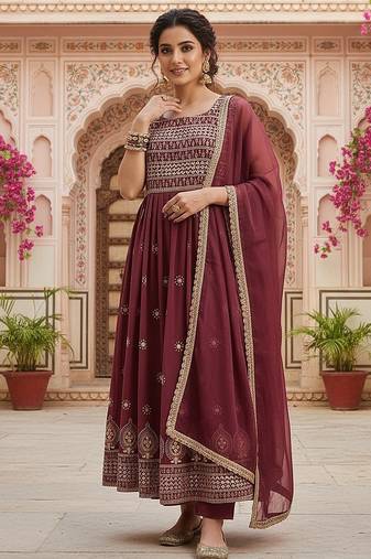 women brown poly georgette solid embroidered a-line kurta trouser with dupatta