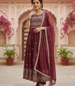 women brown poly georgette solid embroidered a-line kurta trouser with dupatta