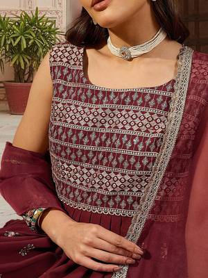 women brown poly georgette solid embroidered a-line kurta trouser with dupatta 2