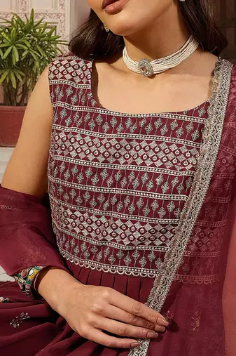 women brown poly georgette solid embroidered a-line kurta trouser with dupatta