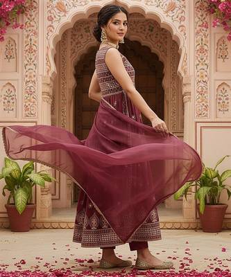 women brown poly georgette solid embroidered a-line kurta trouser with dupatta 3