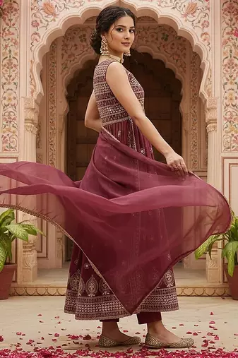 women brown poly georgette solid embroidered a-line kurta trouser with dupatta