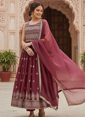 women brown poly georgette solid embroidered a-line kurta trouser with dupatta 4