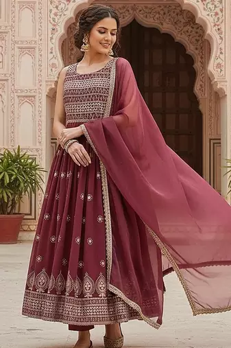 women brown poly georgette solid embroidered a-line kurta trouser with dupatta