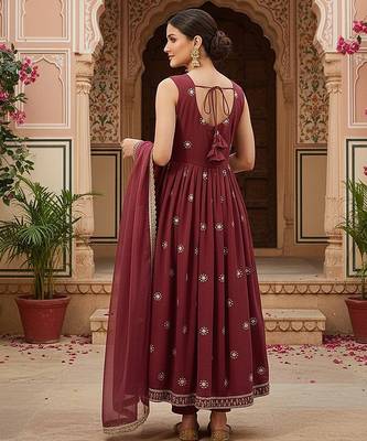 women brown poly georgette solid embroidered a-line kurta trouser with dupatta 5