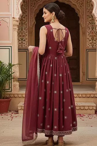 women brown poly georgette solid embroidered a-line kurta trouser with dupatta