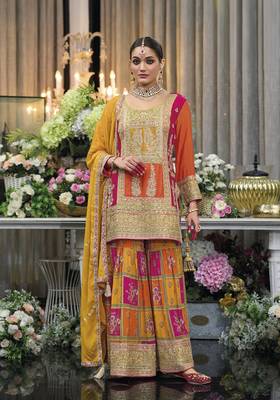 Rani pink premium embroidered chinon silk stitched salwar suit 1