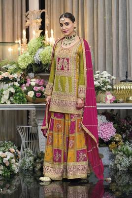 Mehendi embroidered chinon silk stitched salwar suit 1