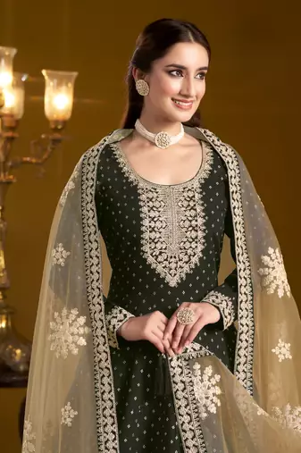 Black embroidered jacquard chanderi anarkali suit