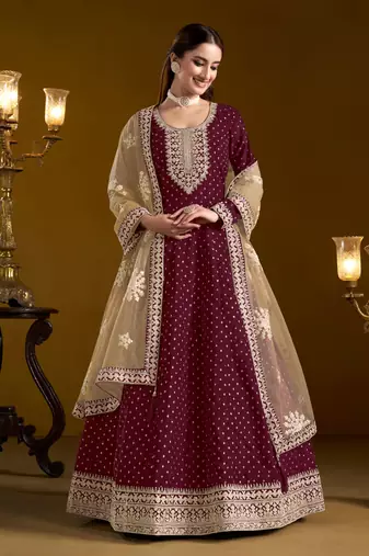 Purple embroidered jacquard chanderi anarkali suit