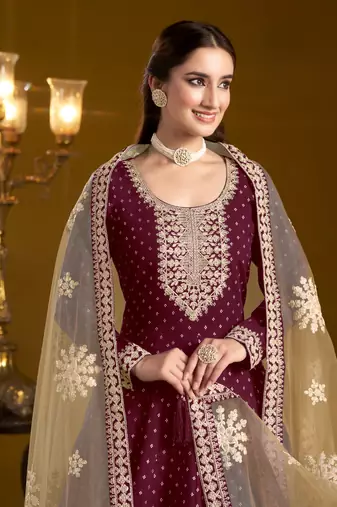 Purple embroidered jacquard chanderi anarkali suit