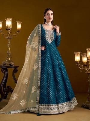 Teal embroidered jacquard chanderi anarkali suit 1