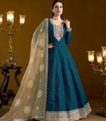 Teal embroidered jacquard chanderi semi stitched anarkali suit