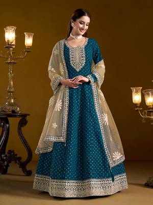 Teal embroidered jacquard chanderi anarkali suit 3