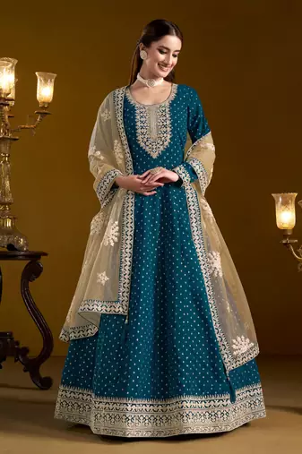 Teal embroidered jacquard chanderi anarkali suit