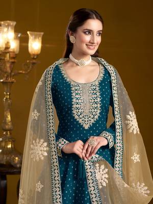 Teal embroidered jacquard chanderi anarkali suit 4