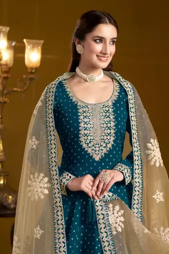 Teal embroidered jacquard chanderi anarkali suit