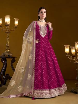 Rani pink embroidered jacquard chanderi anarkali suit 1