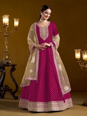 Rani pink embroidered jacquard chanderi anarkali suit 2