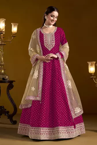 Rani pink embroidered jacquard chanderi anarkali suit
