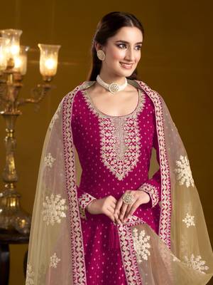 Rani pink embroidered jacquard chanderi anarkali suit 3