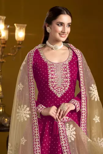 Rani pink embroidered jacquard chanderi anarkali suit
