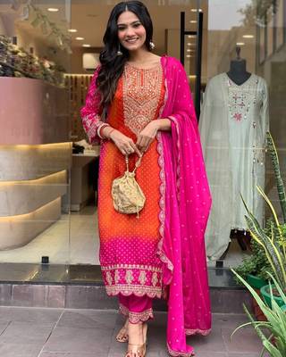 Elegant Orange and Pink ombre embroidered salwar suit with dupatta 1