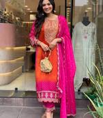Elegant Orange and Pink ombre embroidered salwar suit with dupatta